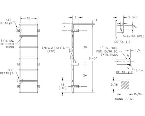 WB AWML Series Wall-Mount Ladder Dimension Drawing