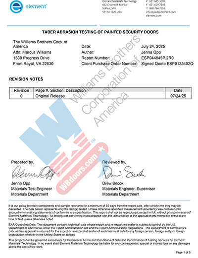 WB Doors Abrasion Resistance Test Report